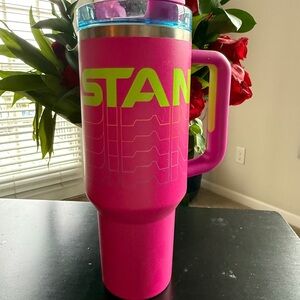 Stanley Hot Pink Travel Tumbler with Neon Green Logo